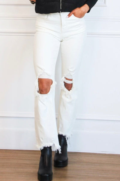 Riva Distressed High Rise Straight Denim: Cream - Bella and Bloom Boutique