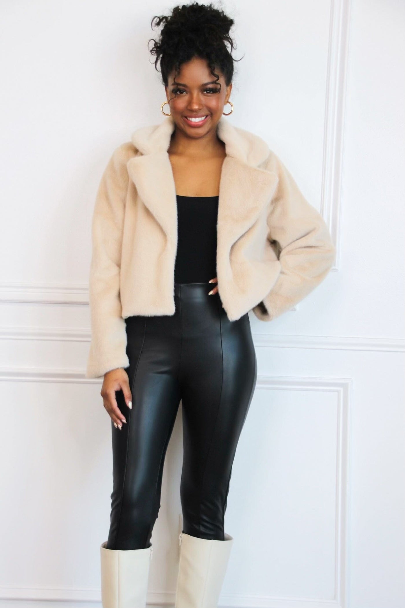 Cline Faux Fur Cropped Jacket: Taupe - Bella and Bloom Boutique