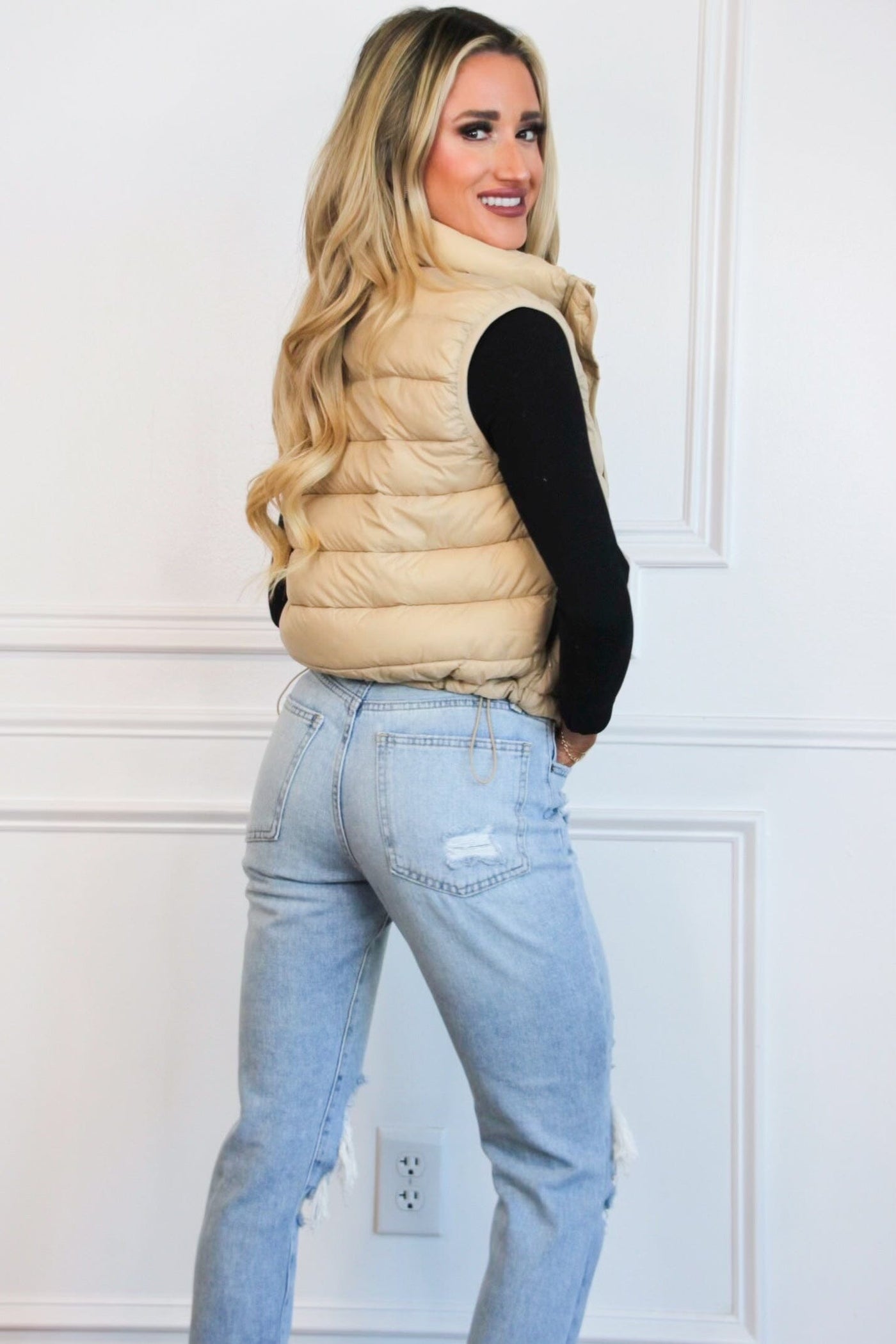 Kolby Puffer Vest: Khaki - Bella and Bloom Boutique