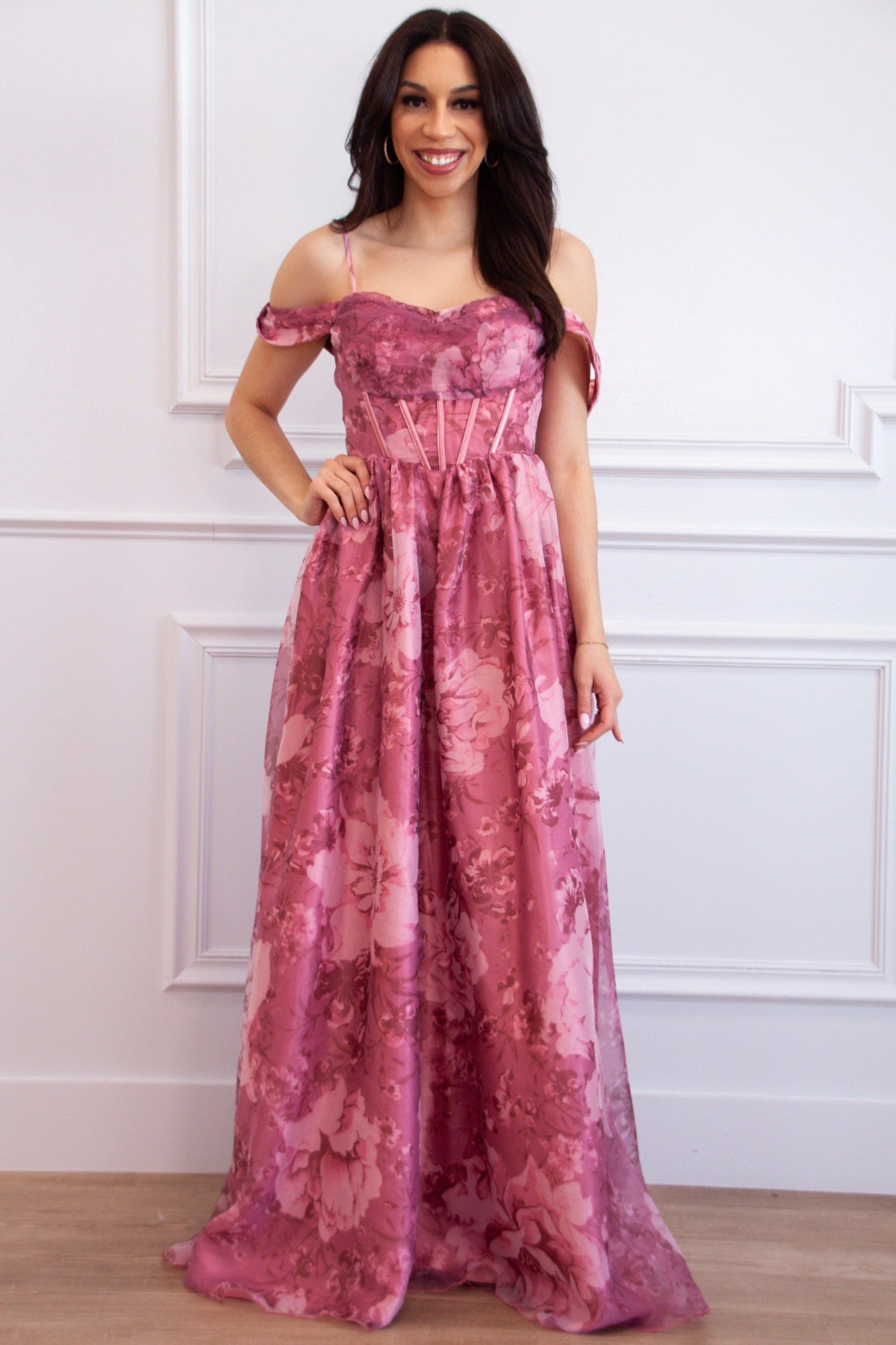 Garden Wedding Organza Off Shoulder Floral Maxi Dress: Mauve Large / Mauve Garden Wedding Organza Off Shoulder Floral Maxi Dress: Mauve Large / Mauve