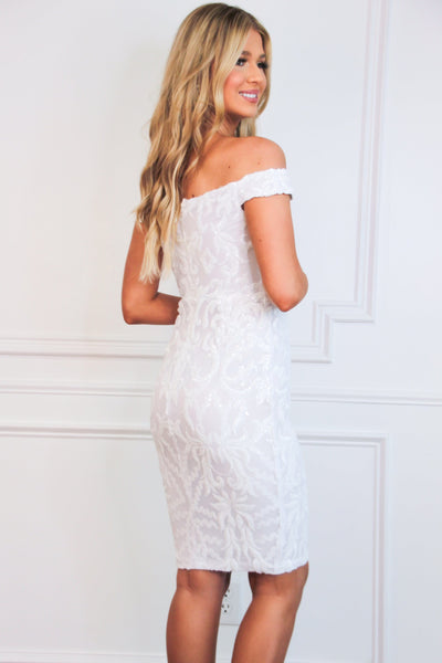 Francesca Sequin Off Shoulder Midi Dress: White - Bella and Bloom Boutique