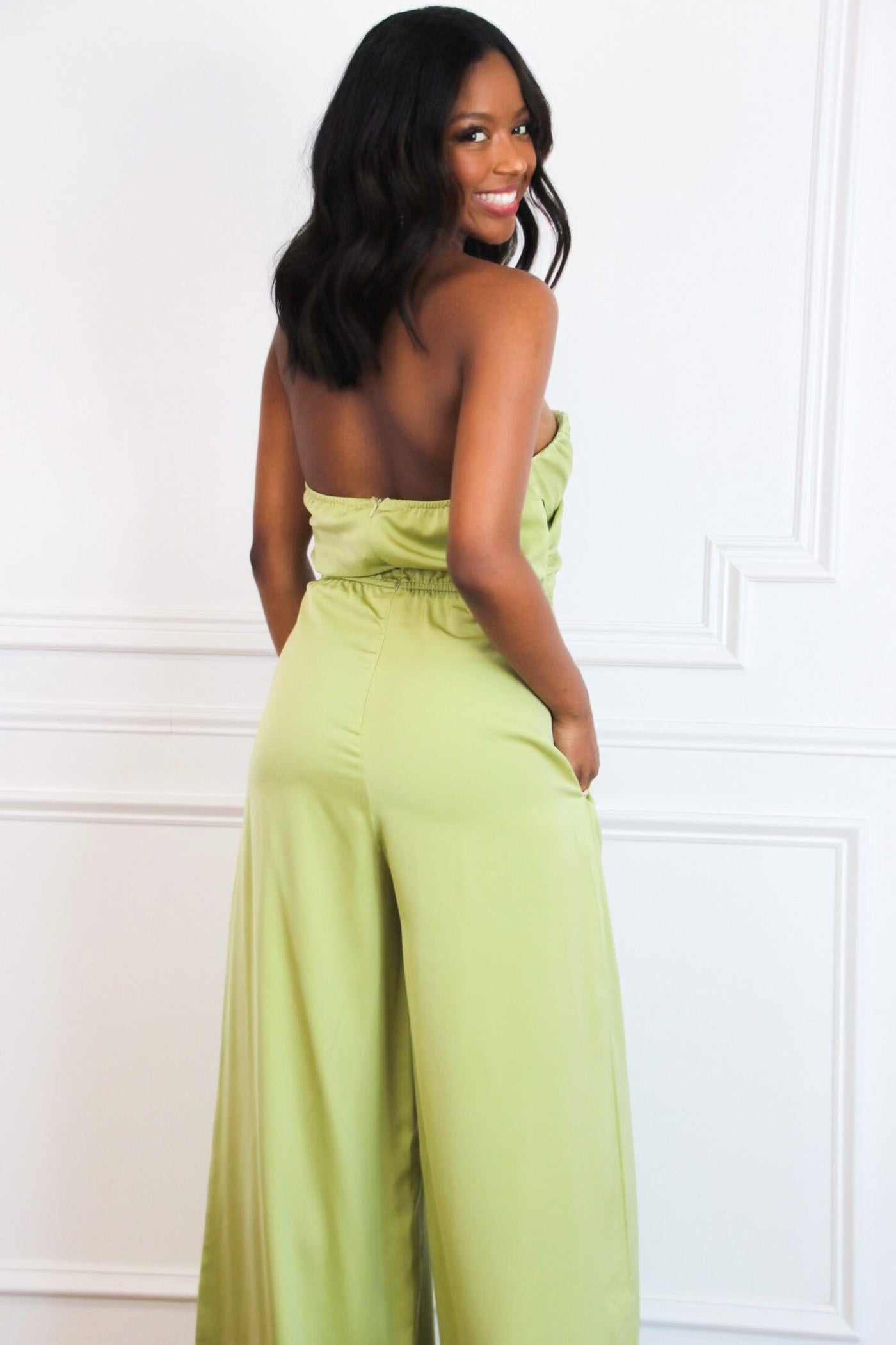 Prayed For You Satin Jumpsuit: Chartreuse - Bella and Bloom Boutique