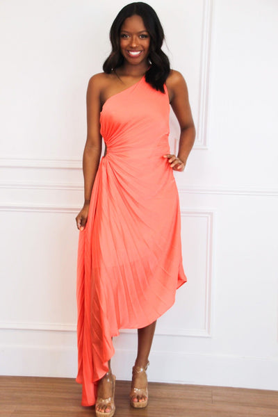 Keep My Promises Pleated Asymmetrical Midi Dress: Coral - Bella and Bloom Boutique