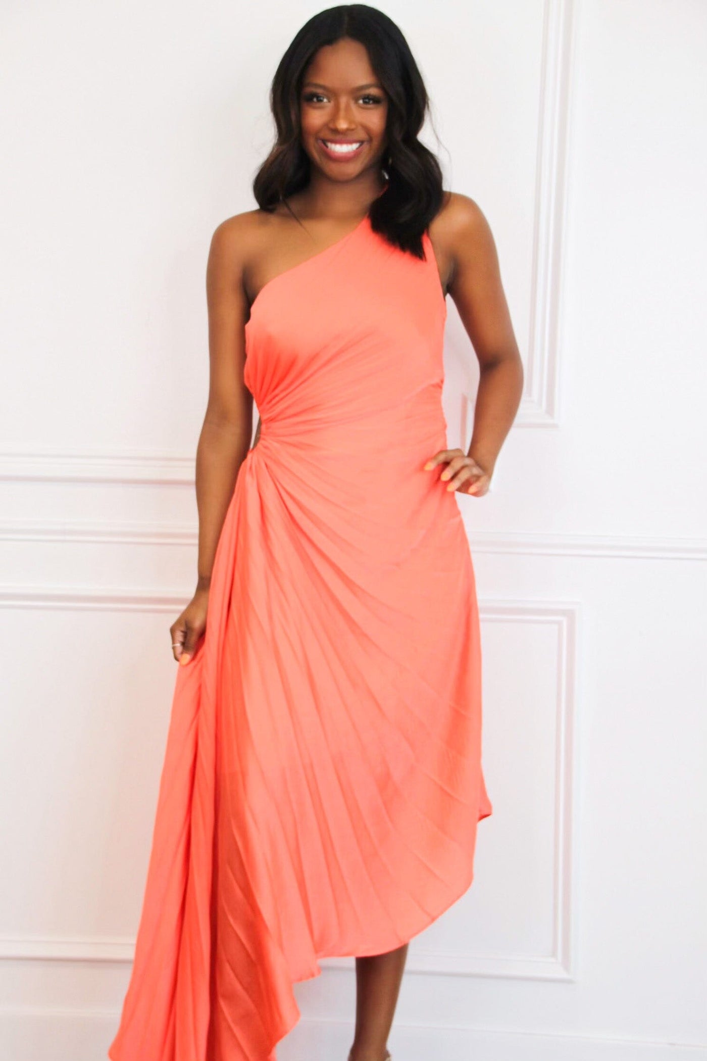 Keep My Promises Pleated Asymmetrical Midi Dress: Coral - Bella and Bloom Boutique