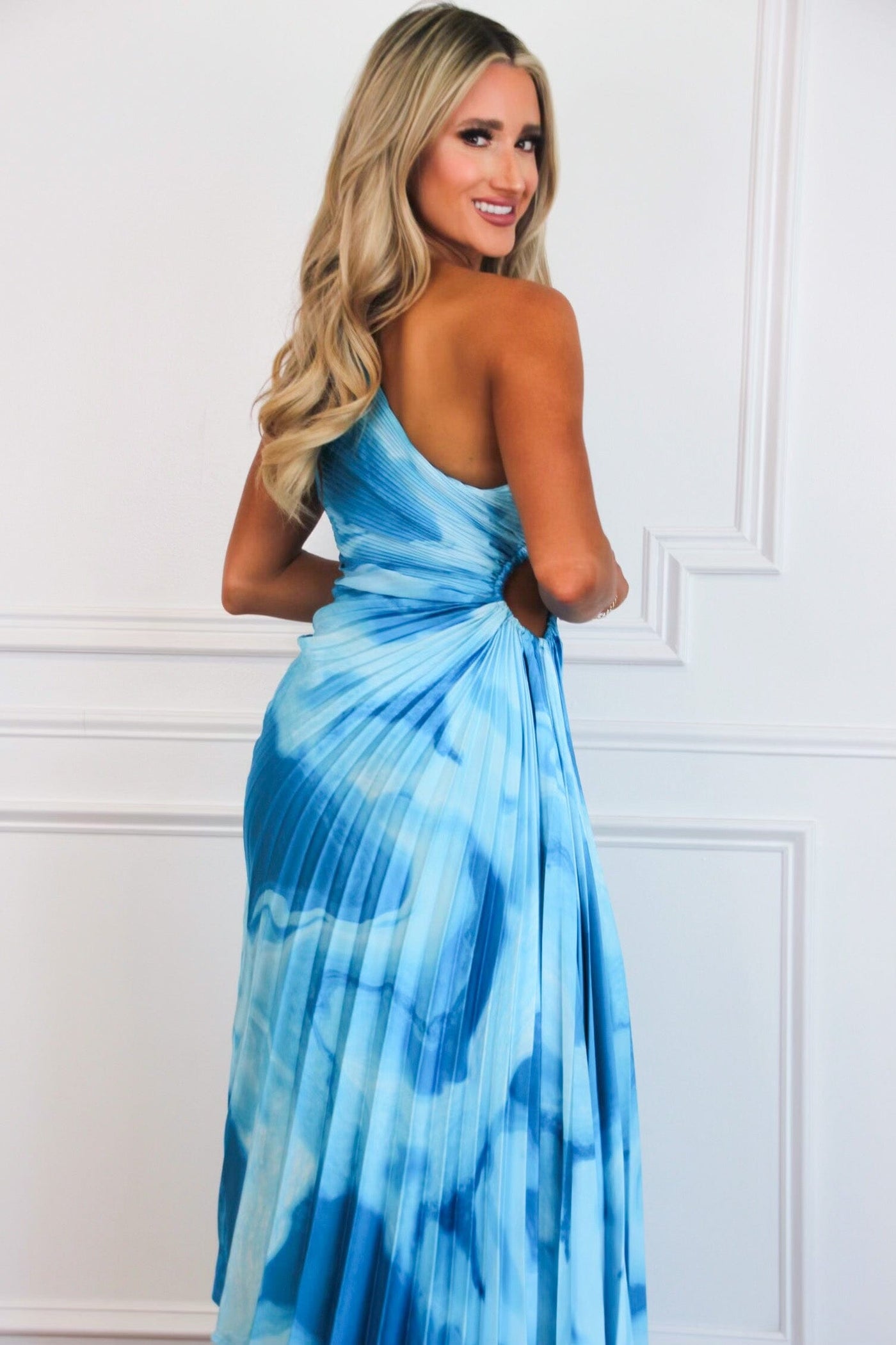 Feel the Waves One Shoulder Pleated Maxi Dress: Blue Multi - Bella and Bloom Boutique