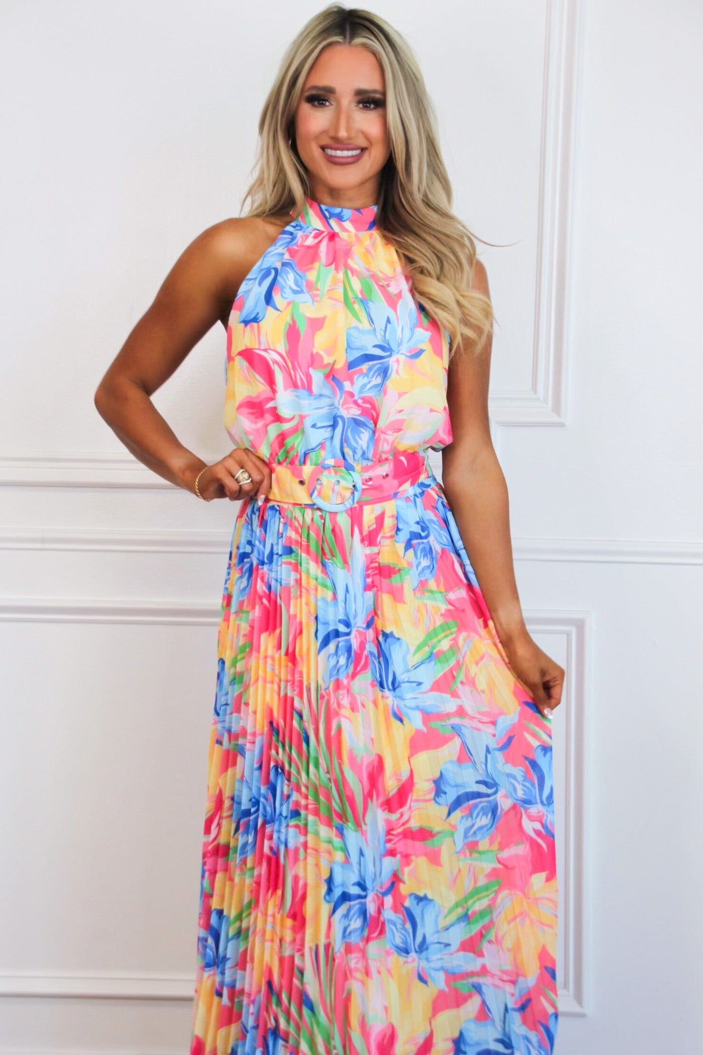Electric Summer Pleated Belted Maxi Dress: Fuchsia/Blue Multi - Bella and Bloom Boutique