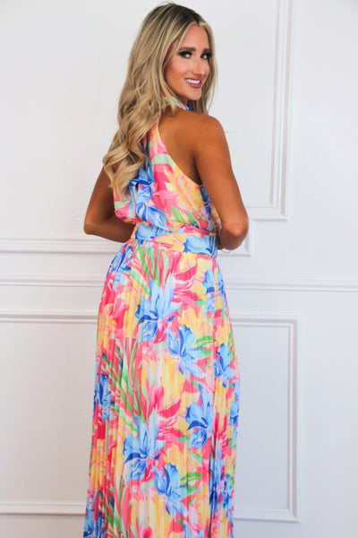 Electric Summer Pleated Belted Maxi Dress: Fuchsia/Blue Multi - Bella and Bloom Boutique
