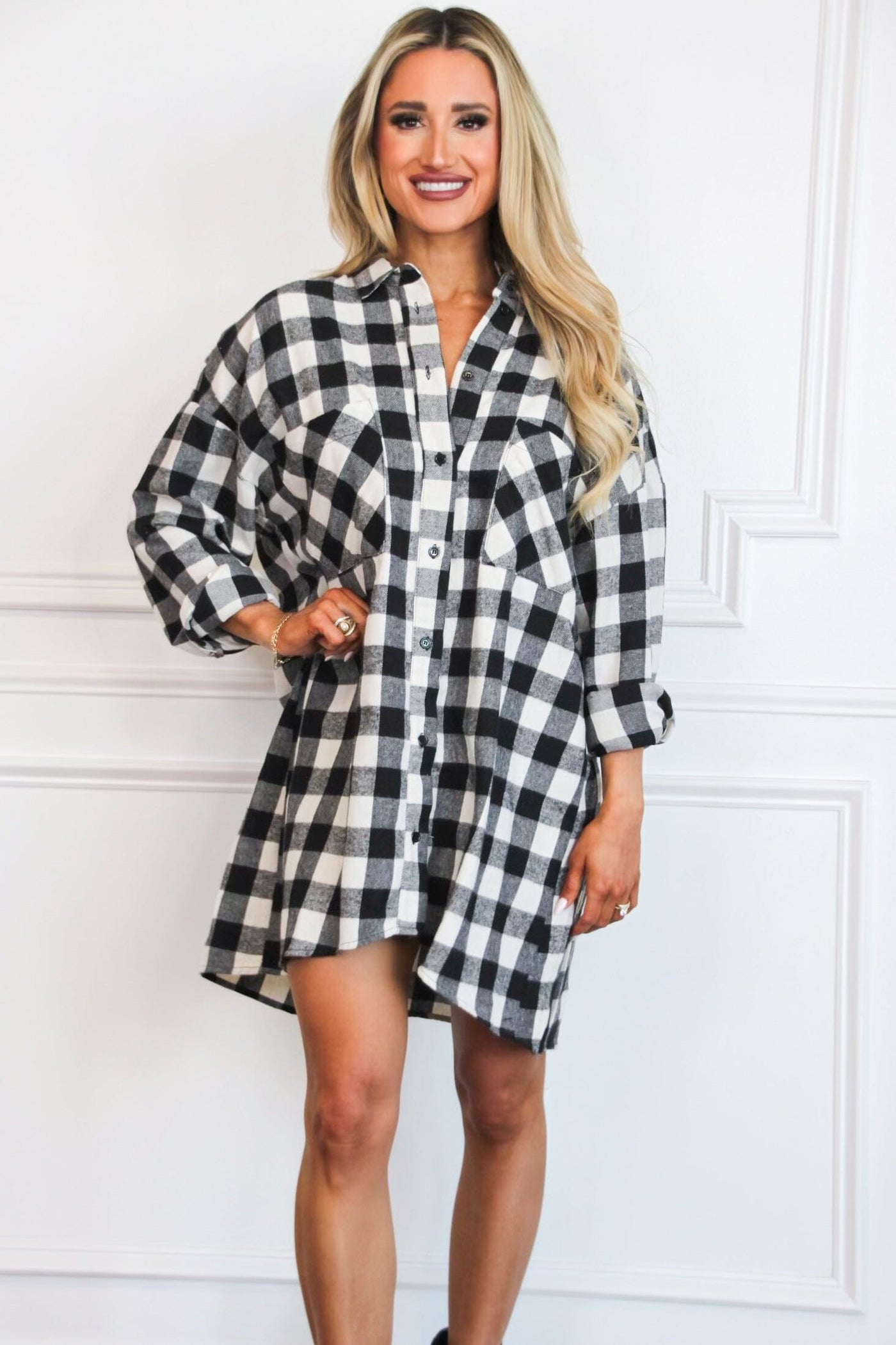 Kerri Plaid Shirt Dress: Black/Ivory - Bella and Bloom Boutique