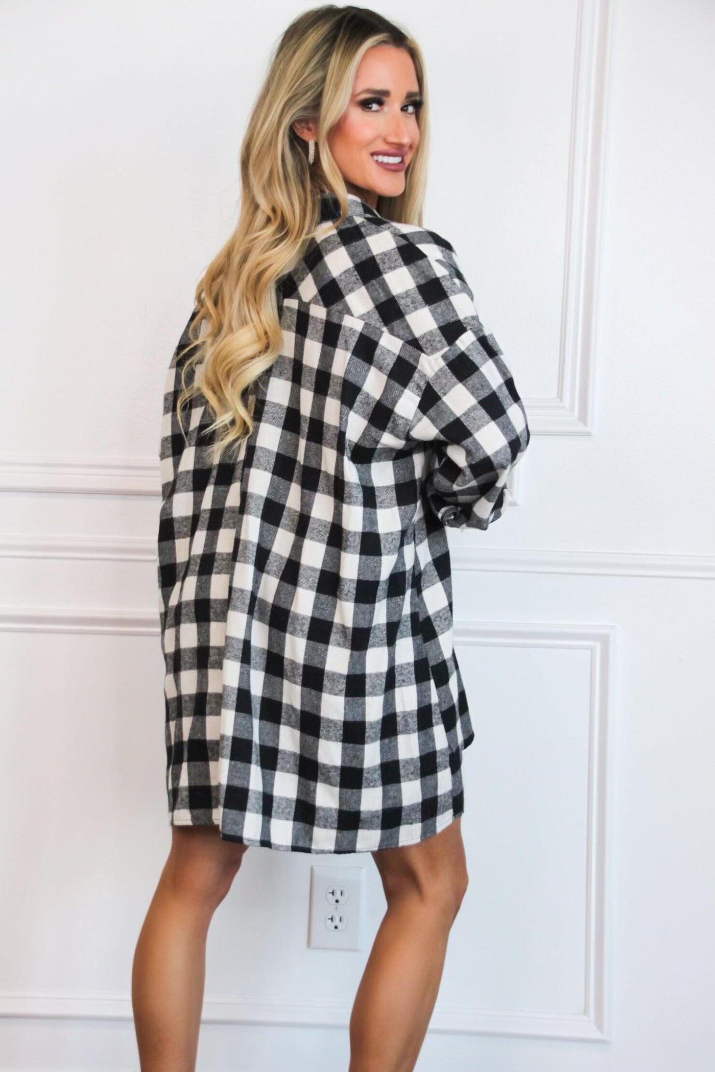 Kerri Plaid Shirt Dress: Black/Ivory - Bella and Bloom Boutique