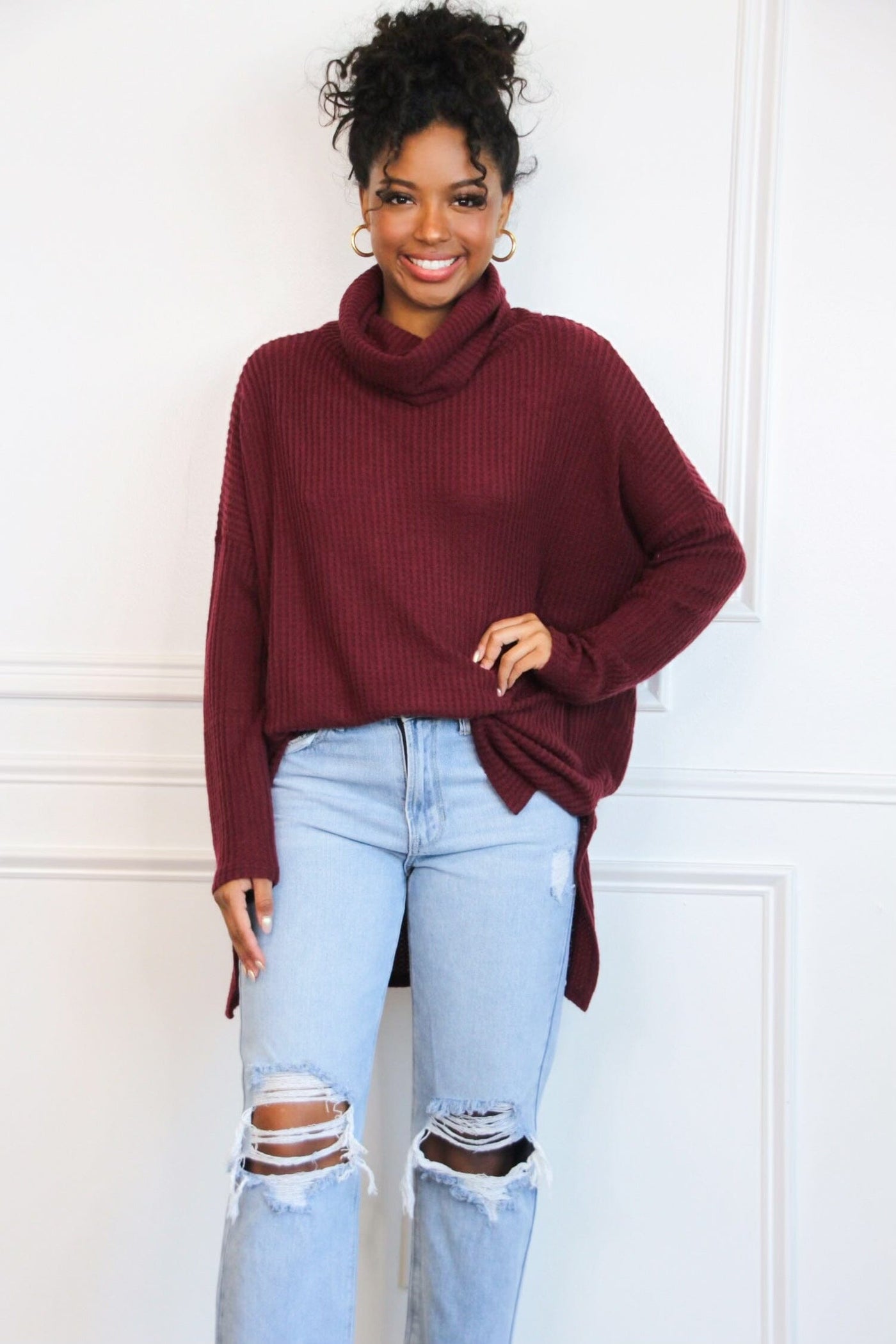 Plain and Simple Oversized Thermal Sweater: Burgundy - Bella and Bloom Boutique