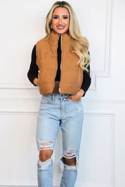 First Harvest Corduroy Sherpa Puffer Vest: Camel - Bella and Bloom Boutique