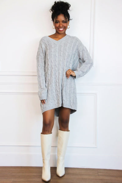 Autumn Comfort V Neck Sweater Dress: Heather Gray - Bella and Bloom Boutique