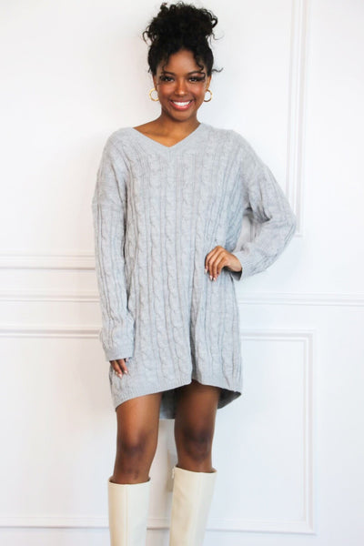 Autumn Comfort V Neck Sweater Dress: Heather Gray - Bella and Bloom Boutique