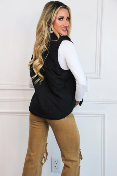 Fireside Reversible Quilted Sherpa Vest: Black - Bella and Bloom Boutique