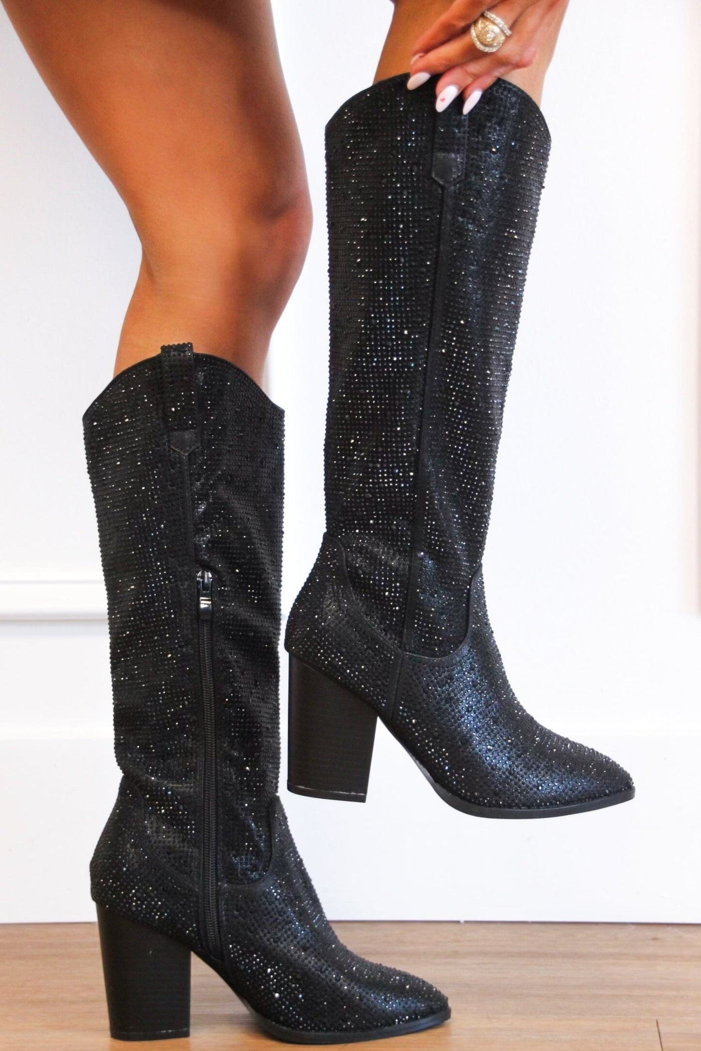 Imogen Rhinestone Knee High Western Boots: Black - Bella and Bloom Boutique