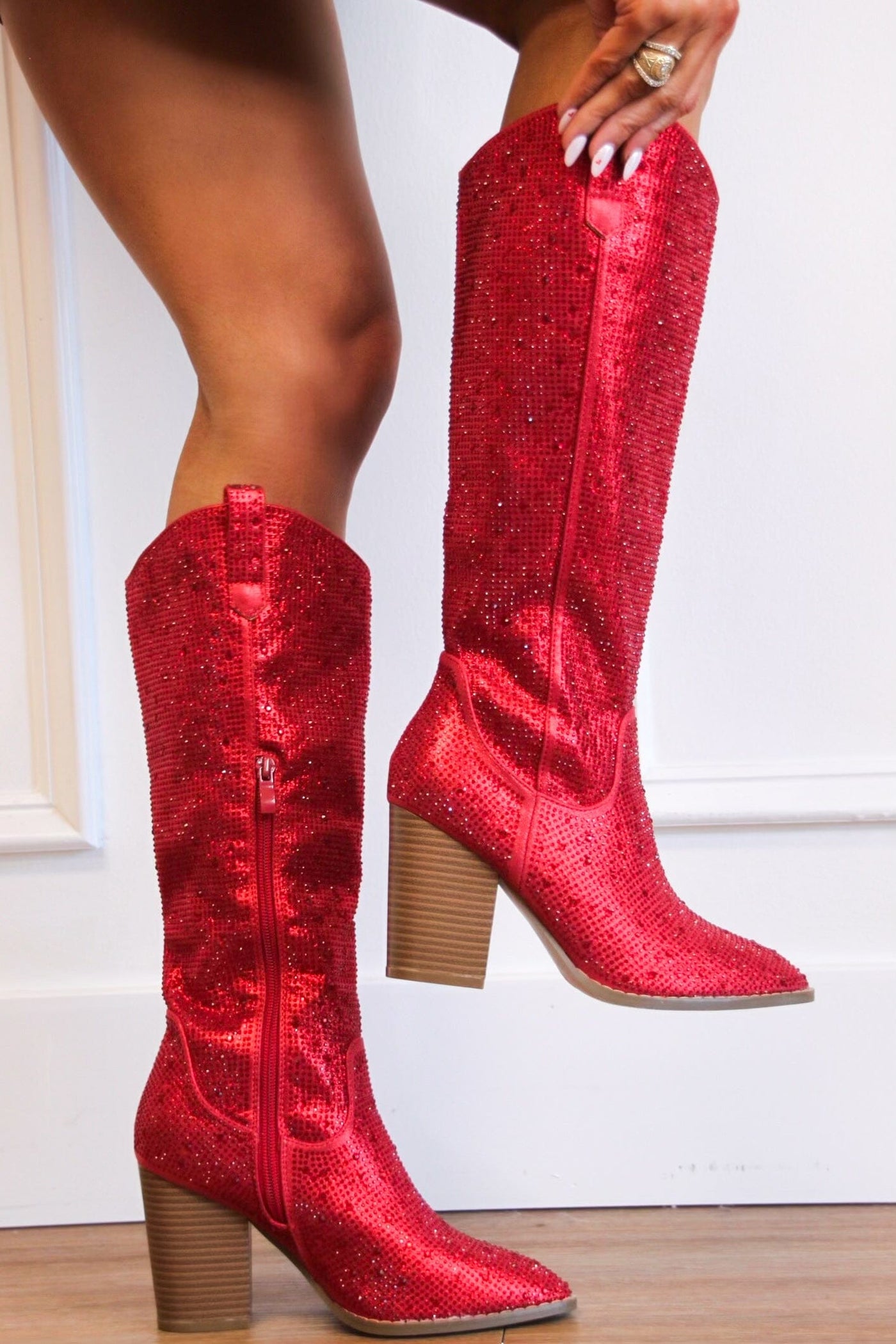 Imogen Rhinestone Knee High Western Boots: Red - Bella and Bloom Boutique