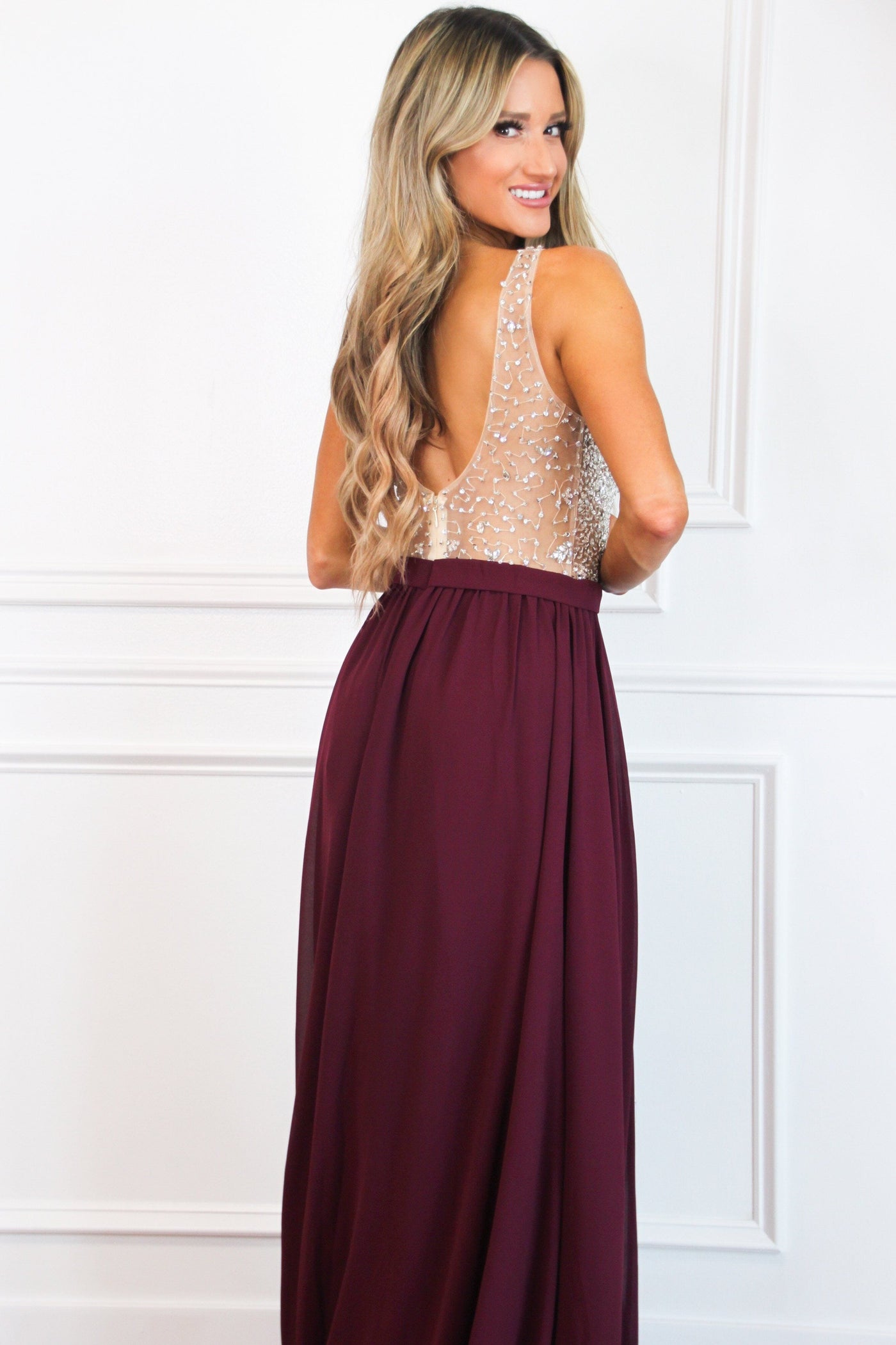 Elegant Affair Beaded Maxi Dress: Wine - Bella and Bloom Boutique
