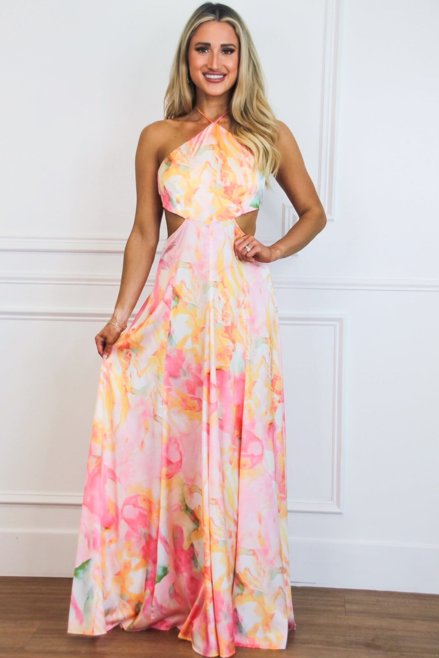 Lyana Watercolor Pastel Open Back Maxi Dress Pink Orange Multi