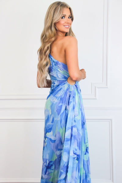 Lisette One Shoulder Floral Pleated Maxi Dress: Blue - Bella and Bloom Boutique