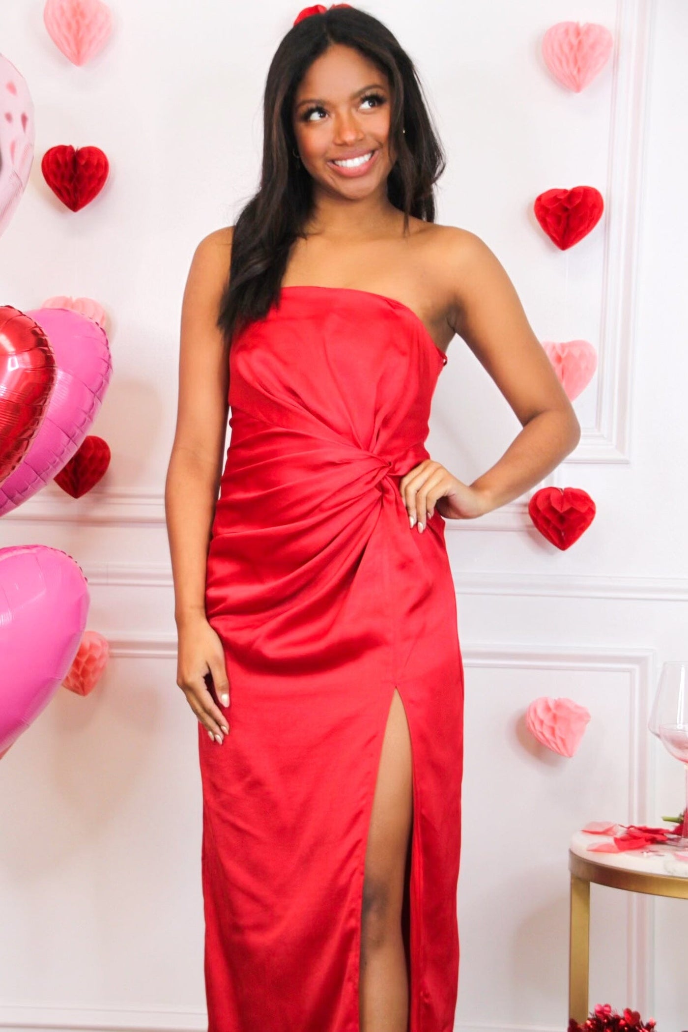 Serena Strapless Twist Satin Midi Dress: Red - Bella and Bloom Boutique