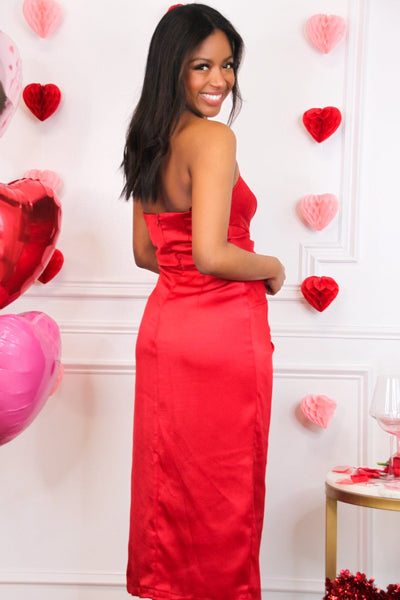 Serena Strapless Twist Satin Midi Dress: Red - Bella and Bloom Boutique