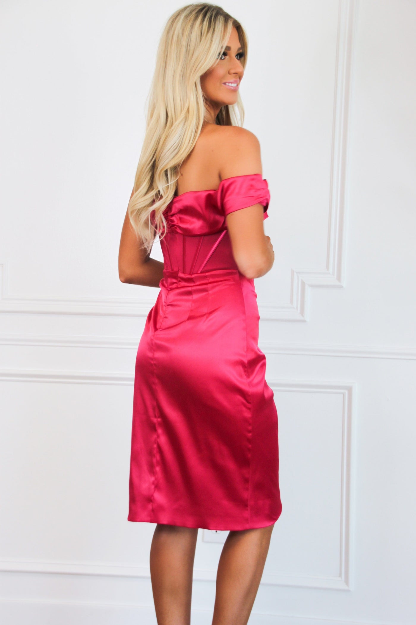 Taryn Satin Bustier Asymmetrical Midi Dress: Hot Pink - Bella and Bloom Boutique