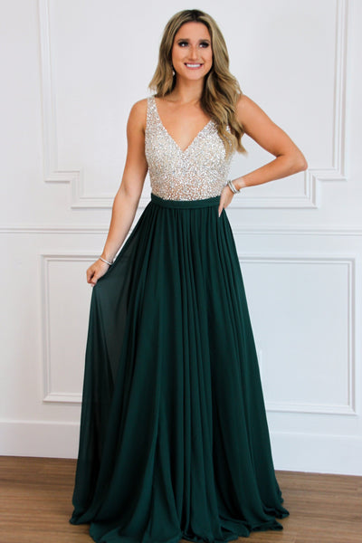 Elegant Affair Beaded Maxi Dress: Emerald - Bella and Bloom Boutique