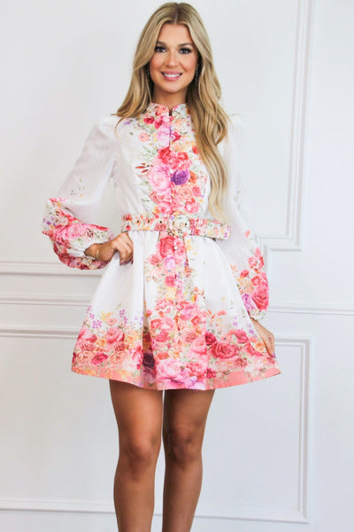 Annaline Floral Belted Long Sleeve Dress: White Floral - Bella and Bloom Boutique