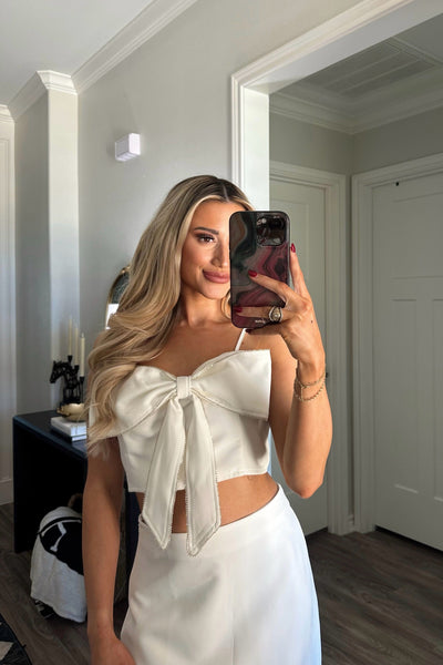 Kensington Embellished Bow Crop Top: White - Bella and Bloom Boutique