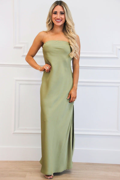 Locklin Strapless Satin Maxi Dress: SOLID Sage - Bella and Bloom Boutique