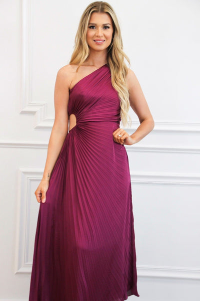 Braylin One Shoulder Pleated Asymmetrical Maxi Dress: Plum - Bella and Bloom Boutique