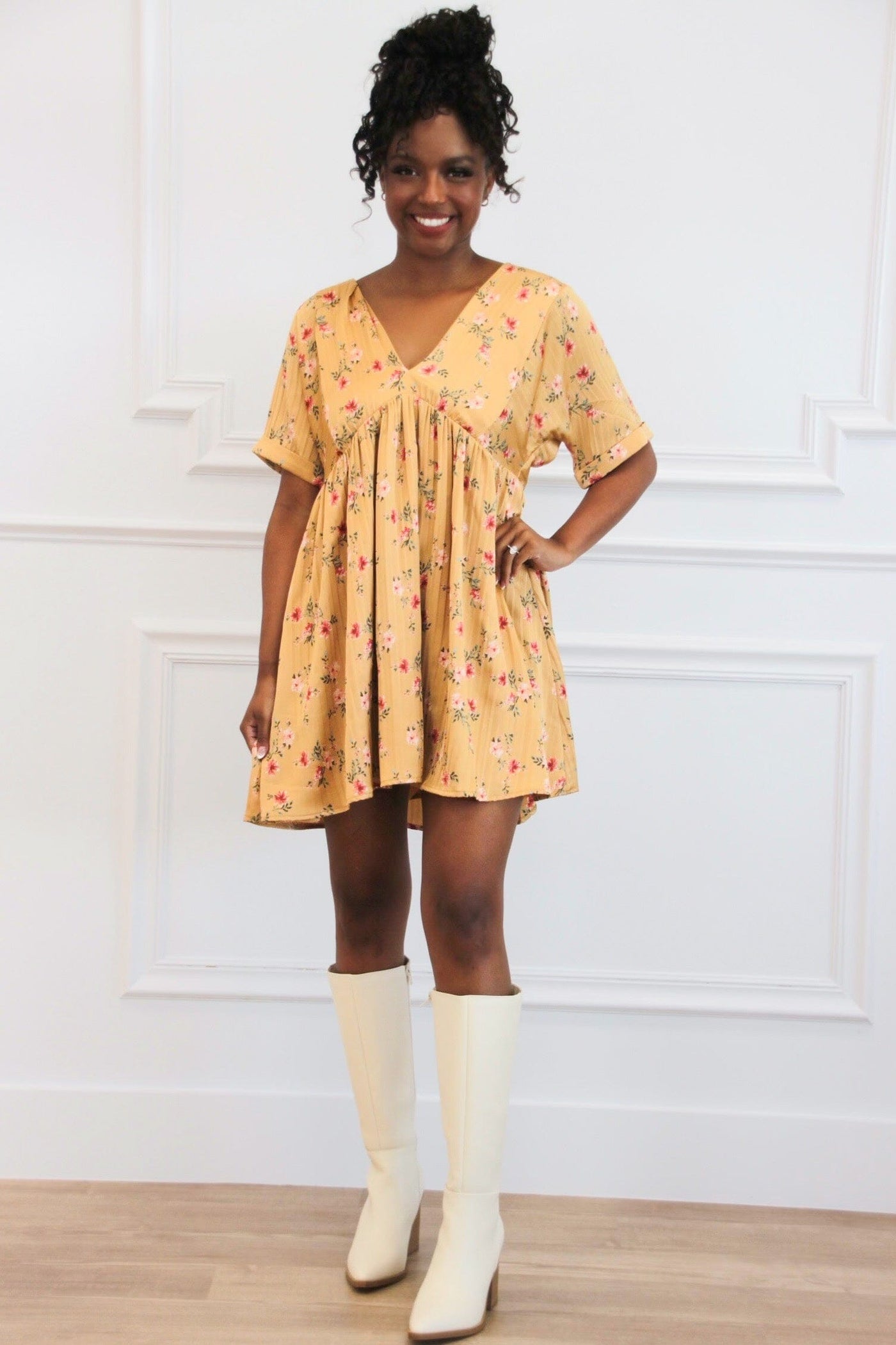 Soft Breeze Satin Floral V Neck Dress: Mustard - Bella and Bloom Boutique