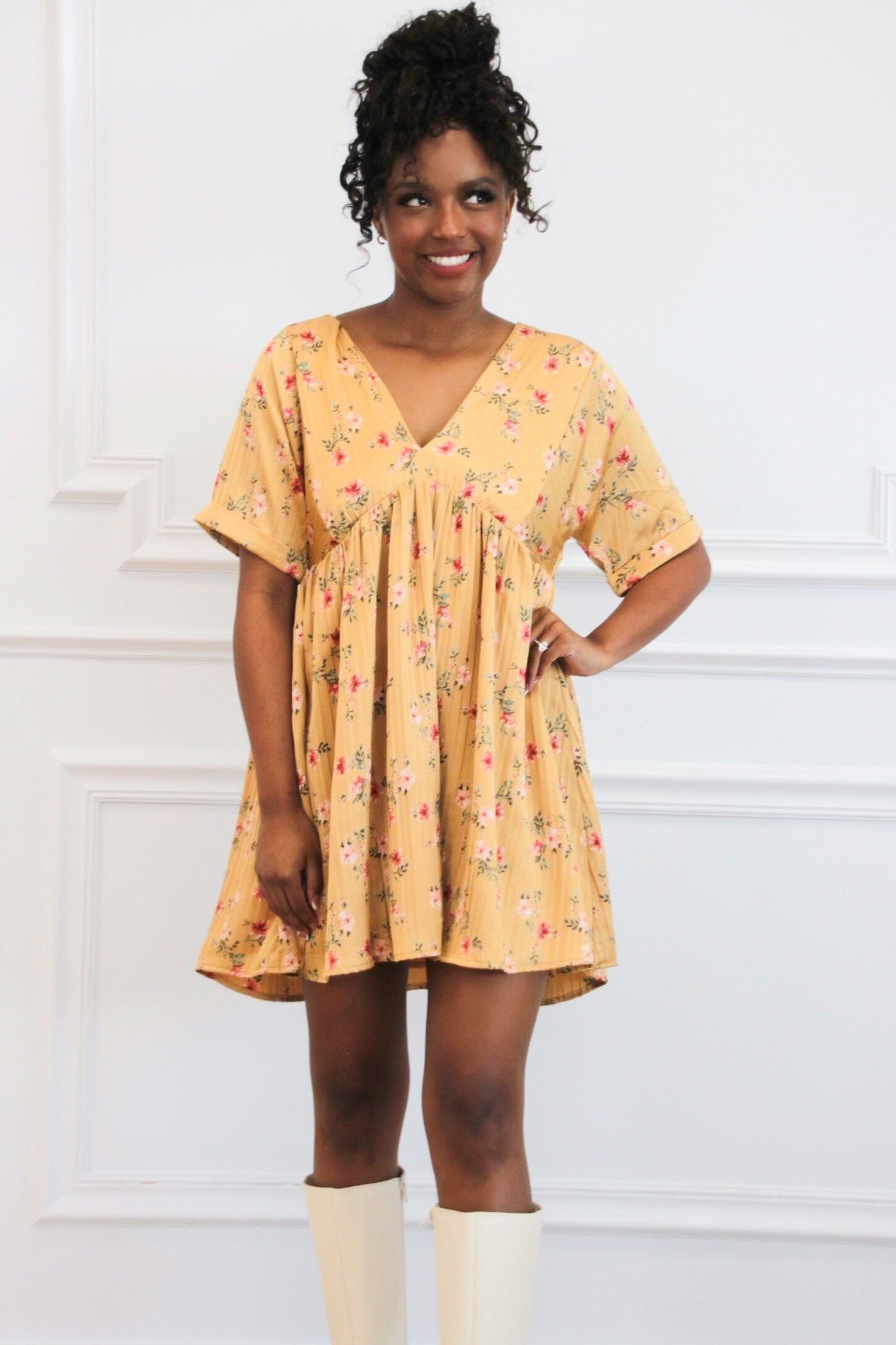 Soft Breeze Satin Floral V Neck Dress: Mustard - Bella and Bloom Boutique