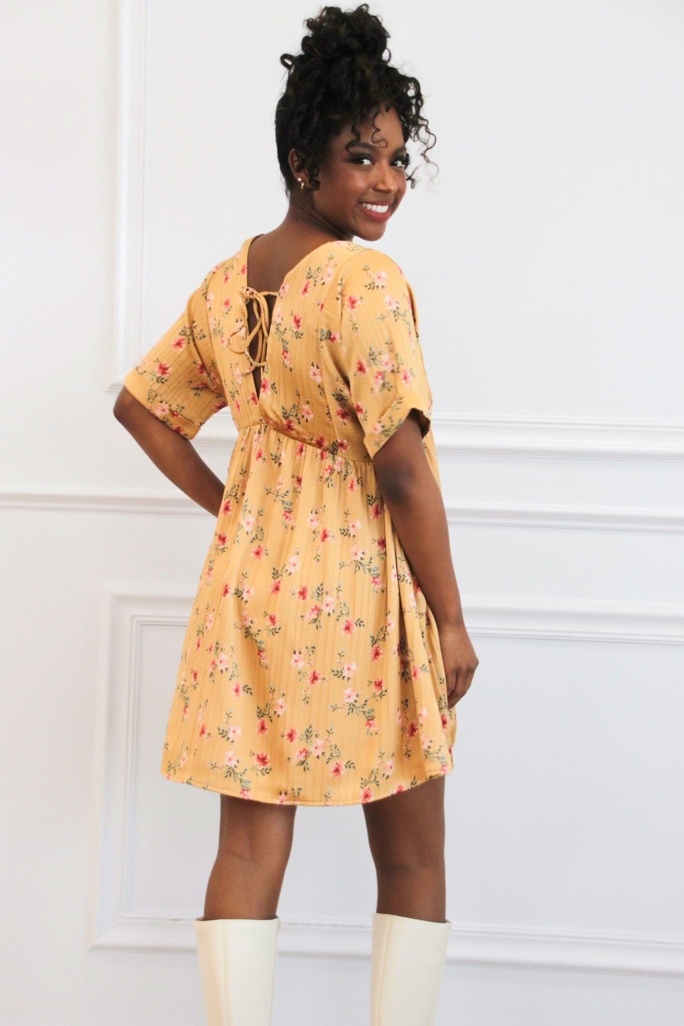 Soft Breeze Satin Floral V Neck Dress: Mustard - Bella and Bloom Boutique