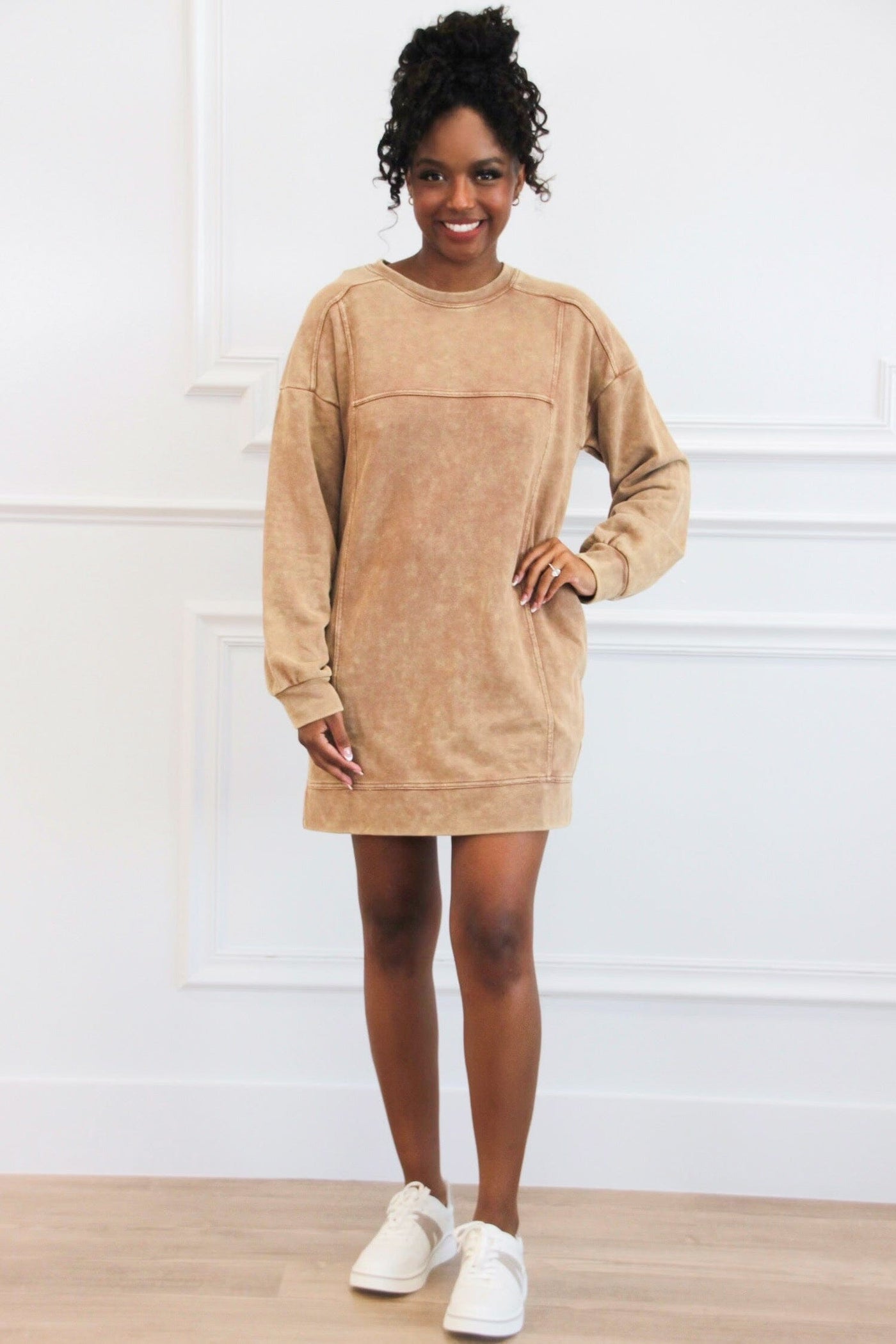 Casual Days Oversized Washed Sweatshirt Tunic Dress: Camel - Bella and Bloom Boutique