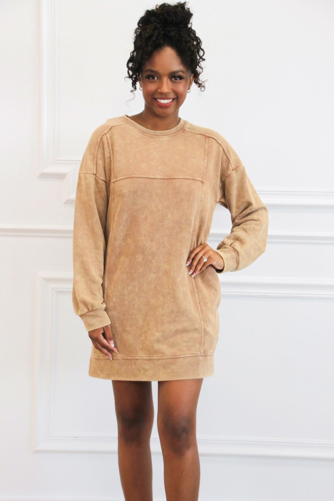 Casual Days Oversized Washed Sweatshirt Tunic Dress: Camel - Bella and Bloom Boutique