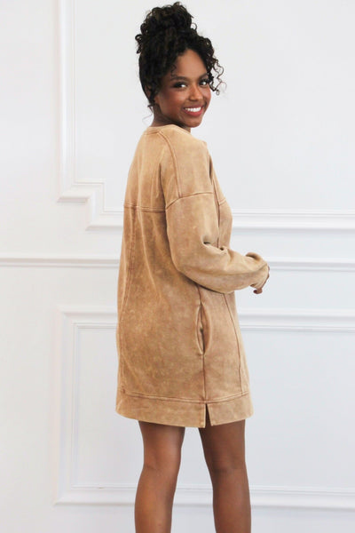 Casual Days Oversized Washed Sweatshirt Tunic Dress: Camel - Bella and Bloom Boutique