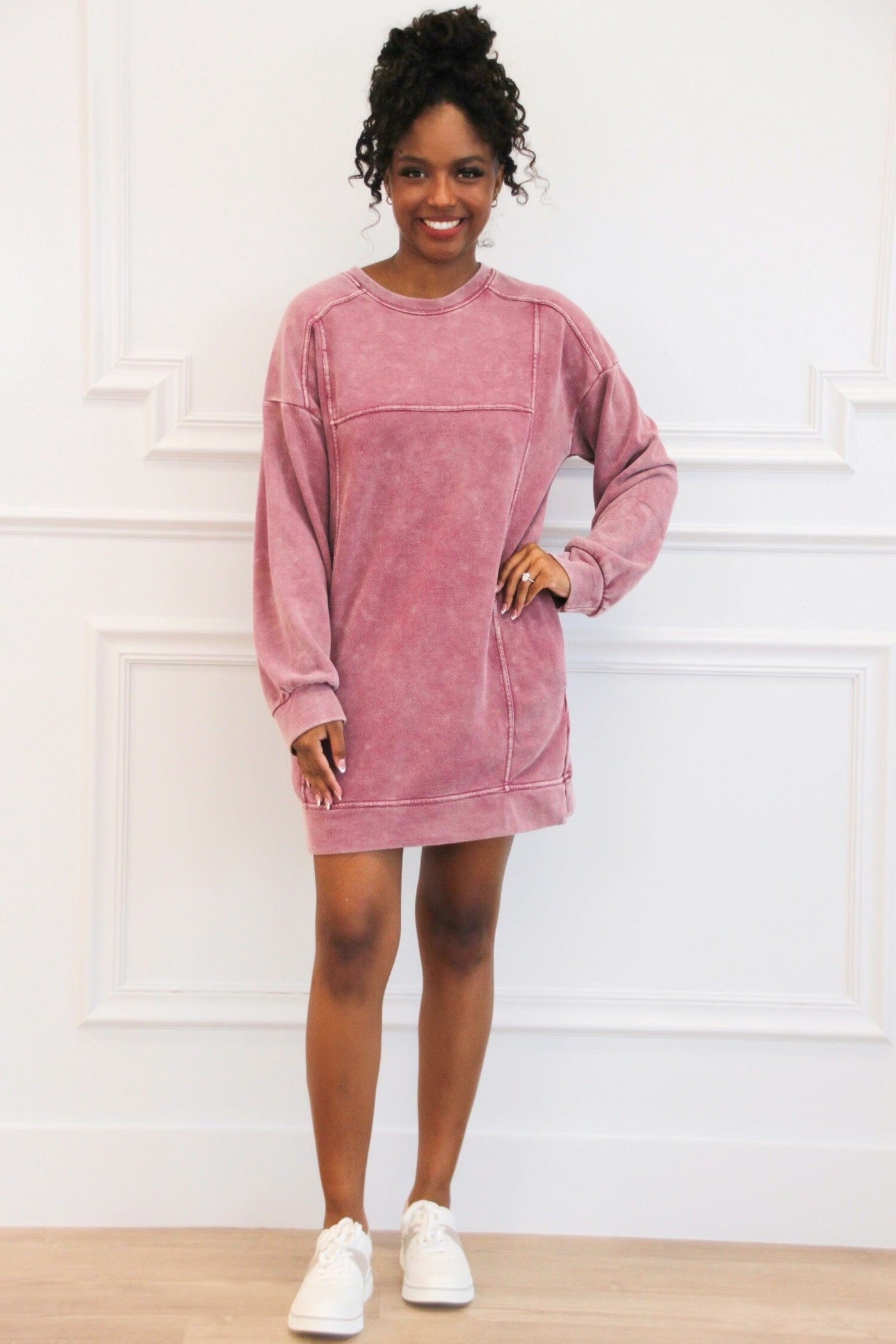 Casual Days Oversized Washed Sweatshirt Tunic Dress: Magenta - Bella and Bloom Boutique