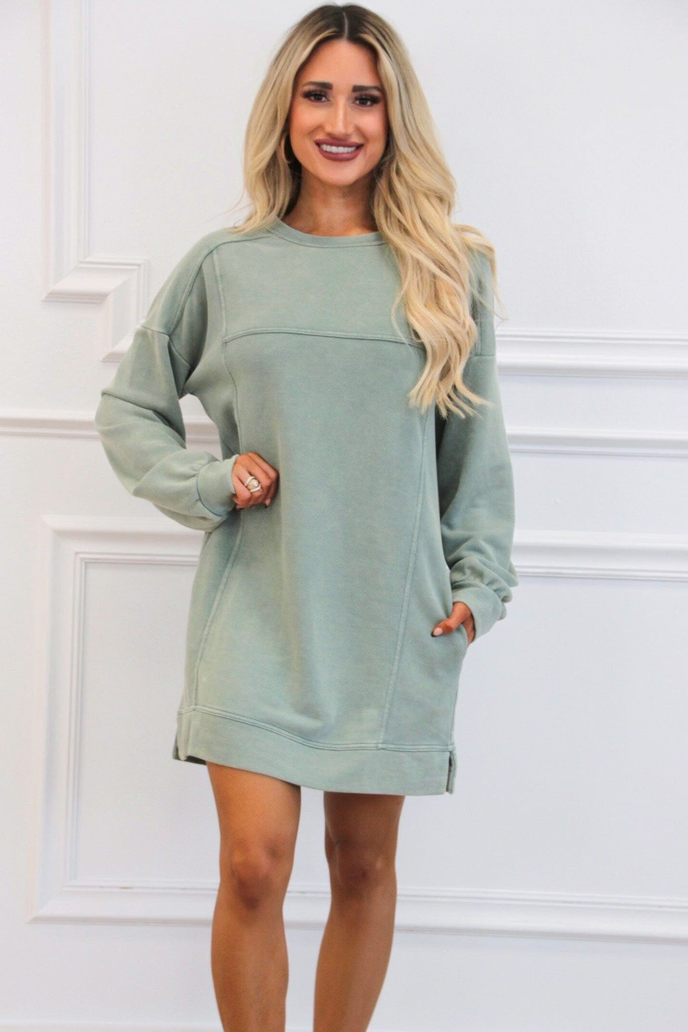 Casual Days Oversized Washed Sweatshirt Tunic Dress: Sage - Bella and Bloom Boutique