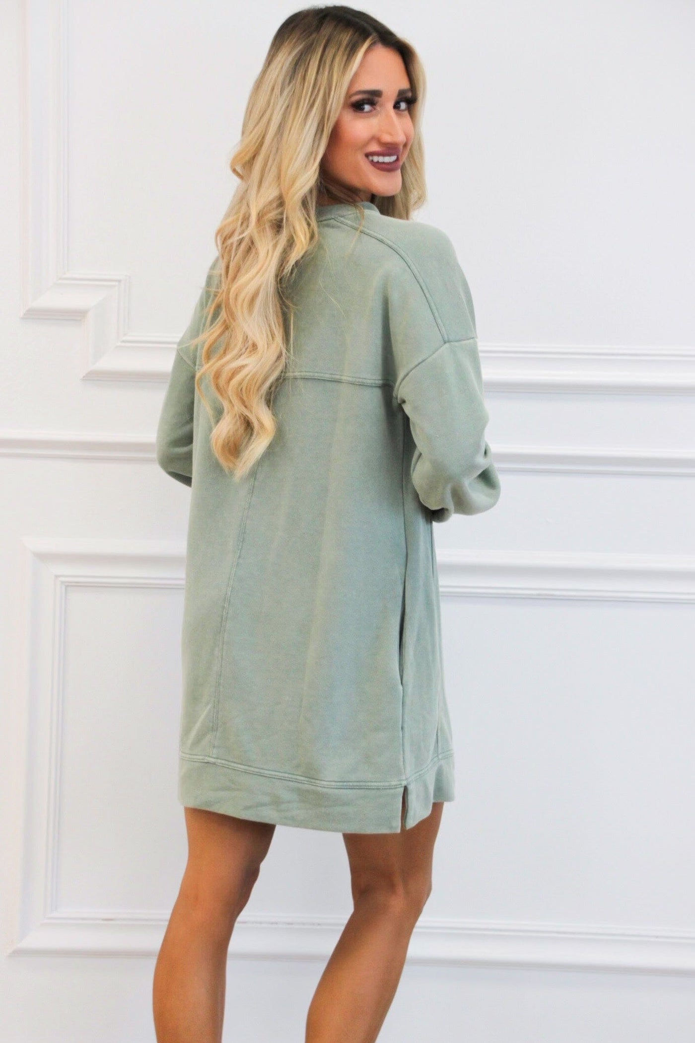 Casual Days Oversized Washed Sweatshirt Tunic Dress: Sage - Bella and Bloom Boutique