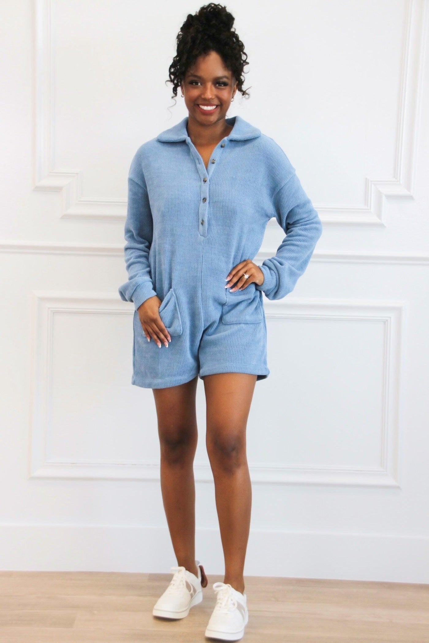 Amber Trails Chenille Sweater Romper: Dusty Blue - Bella and Bloom Boutique