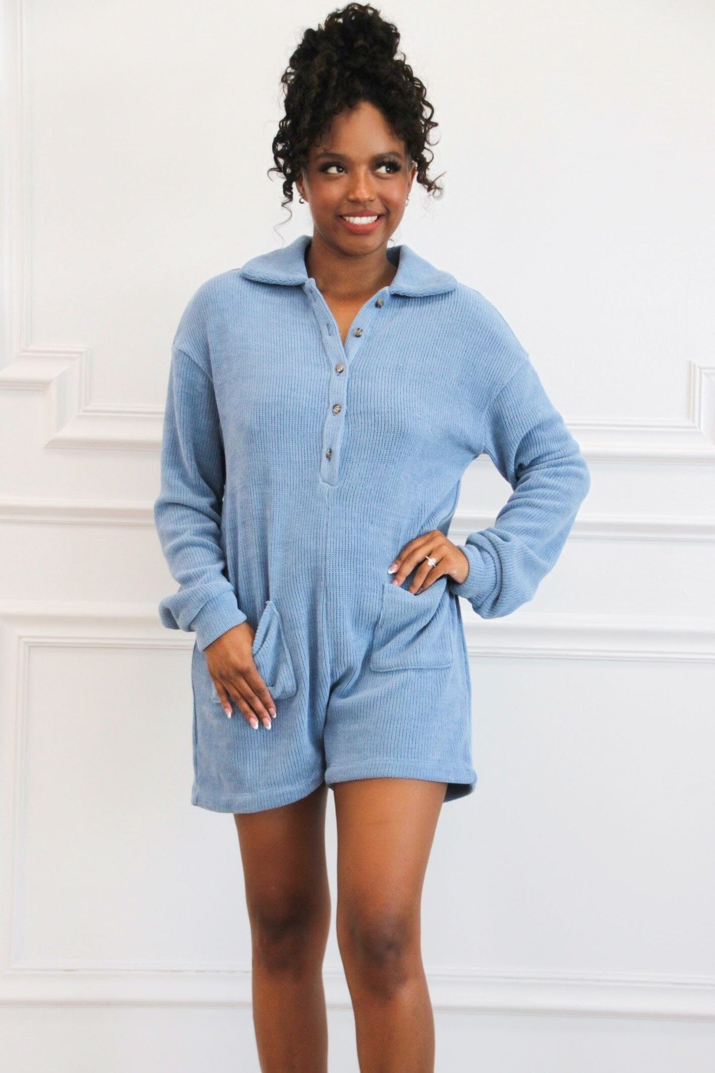 Amber Trails Chenille Sweater Romper: Dusty Blue - Bella and Bloom Boutique