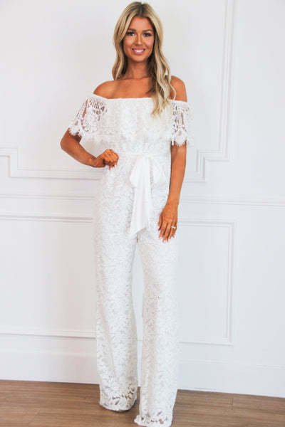 Daydreamer Lace Off Shoulder Jumpsuit: Off White - Bella and Bloom Boutique
