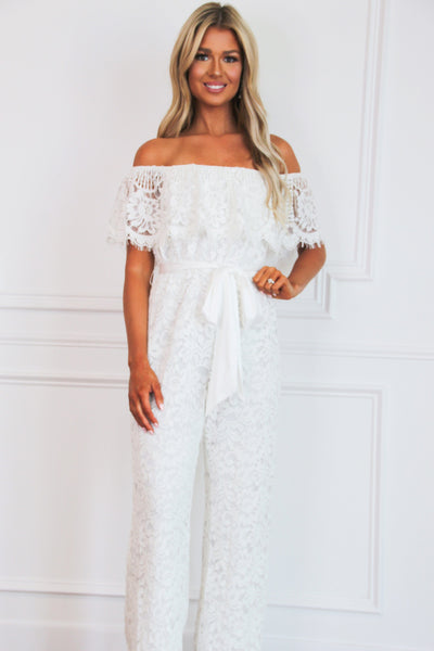 Daydreamer Lace Off Shoulder Jumpsuit: Off White - Bella and Bloom Boutique