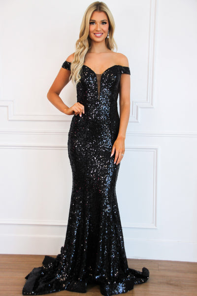 Sasha Off Shoulder Sequin Maxi Dress: Black - Bella and Bloom Boutique