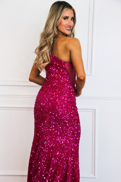 Twilight Kiss One Shoulder Sequin Formal Dress: Fuchsia - Bella and Bloom Boutique