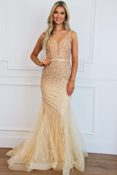 Iris Embellished Feather Mermaid Formal Dress: Gold - Bella and Bloom Boutique