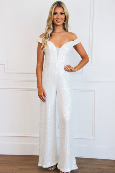 Good Luck Charm Sequin Off Shoulder Jumpsuit: White - Bella and Bloom Boutique