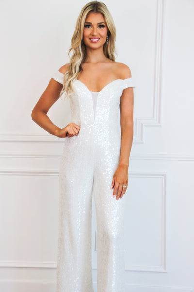 Good Luck Charm Sequin Off Shoulder Jumpsuit: White - Bella and Bloom Boutique