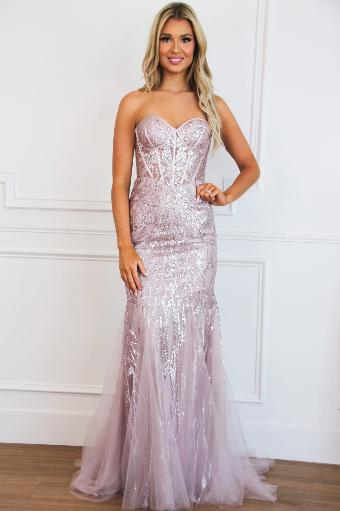 Athena Sparkly Bustier Mermaid Formal Dress: Mauve Rose - Bella and Bloom Boutique